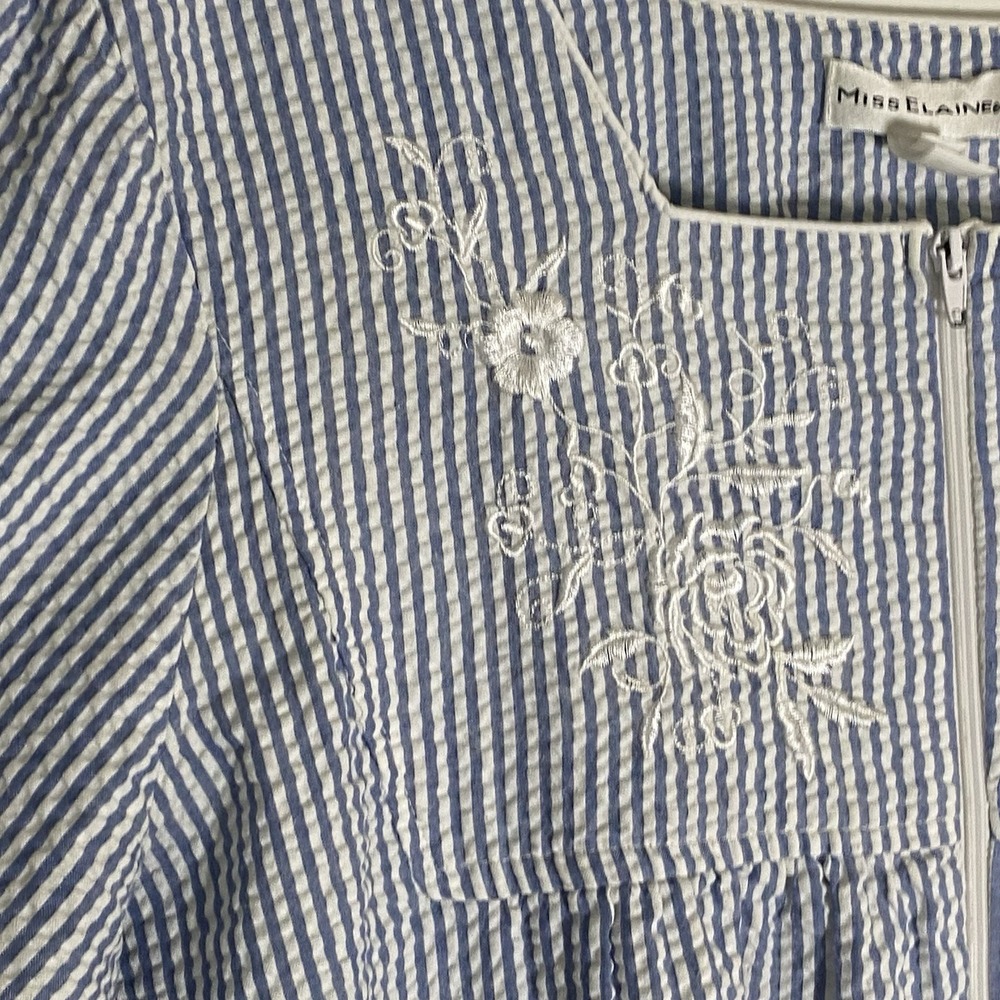 Miss‎ Elaine Housecoat Womens Large Blue White Striped Embroidered Seersucker L - Picture 7 of 16